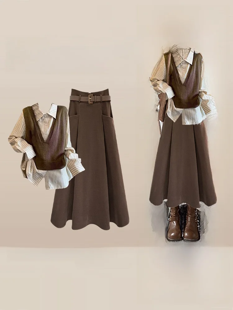 

Elegant Autumn Set Women's Vintage Age-Defying Vest Striped Shirt High Waist Slimming Midi Skirt Three-Piece Ensemble