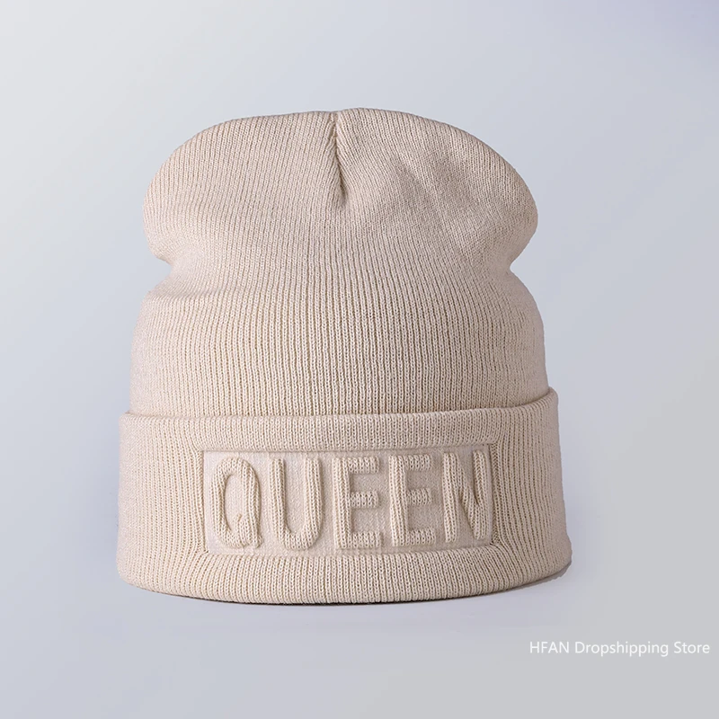 Winter Hat King Queen Beanies Fashion Hip Hop Couples Cap Casual Solid Hat Men Woman Warm Knitted Beanie Ski Skullies Bonnet