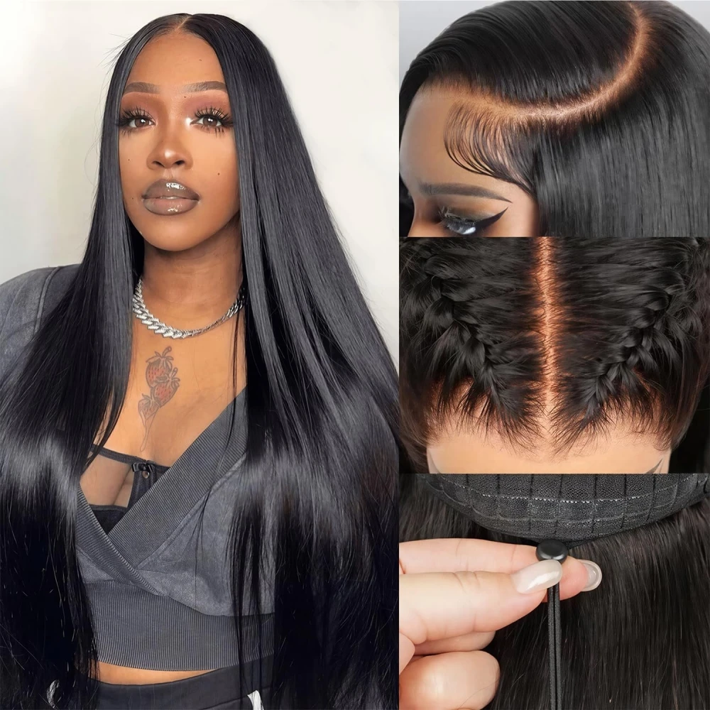 200% Density Glueless Bone Straight 13x4 Lace Frontal Human Hair Wigs Natural Black Brazilian Virgin 13x6 HD Lace Wig Human Hair