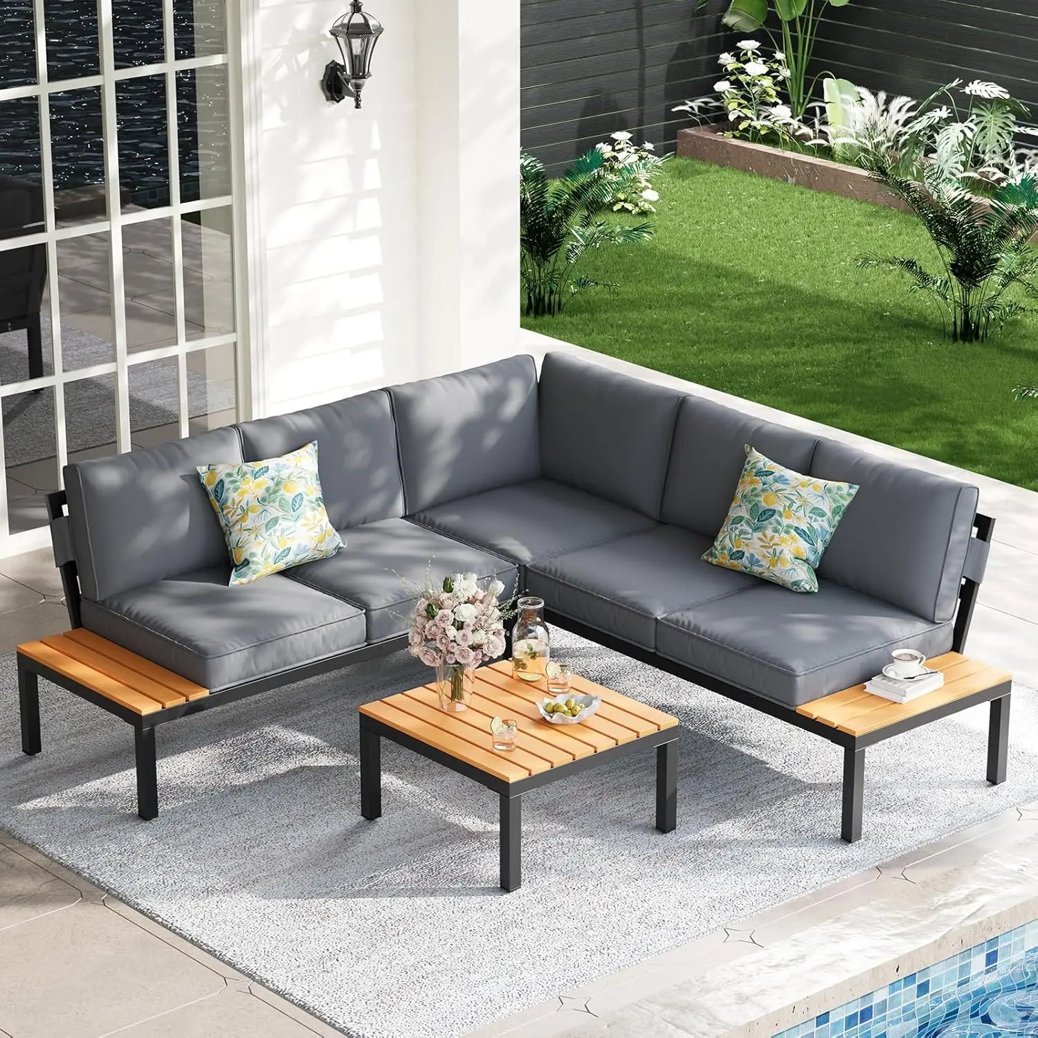 5 Seat Patio Sectional Metal Frame Wood Table Waterproof Cushion All Weather Garden Balcony Grey, Customized