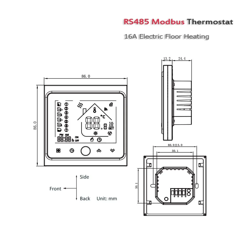 24VAC MODBUS RS485 floor electric heating thermostat, 16A floor temperature regulating controller 95-240VAC optional