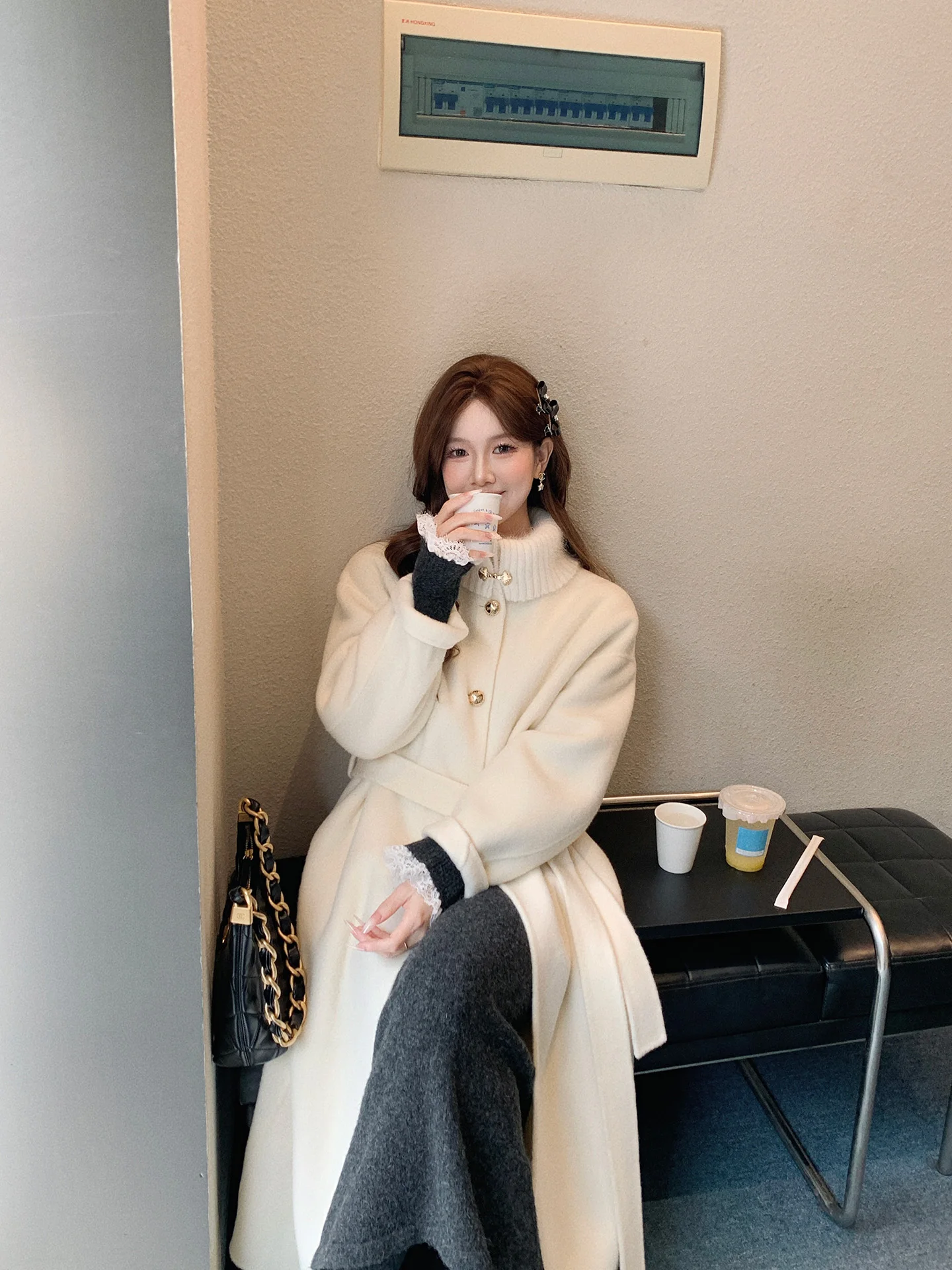 

DbyDoi Double-Sided Woolen Long Coat Ele White Wool Outerwear for Women Winter Faion Rich Girl Sle Sweet Sle