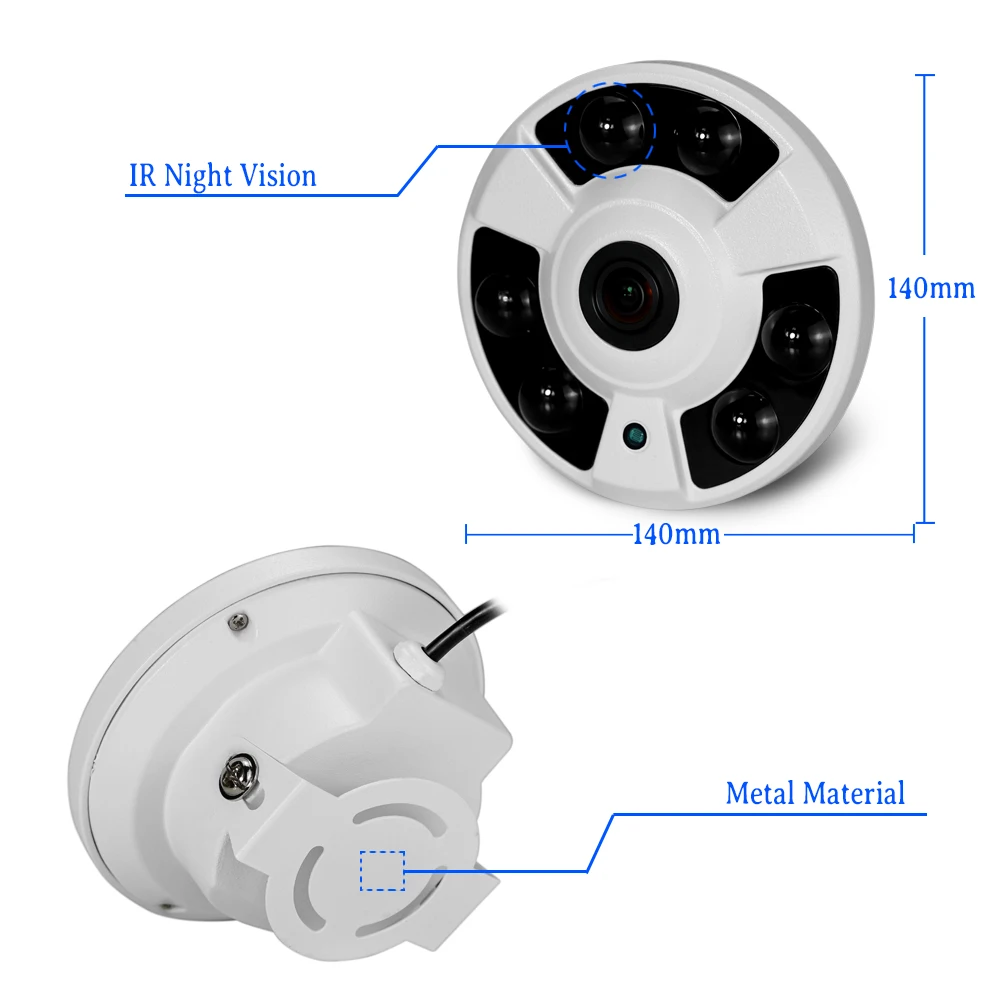 H.265 5MP Câmera IP de segurança sem fio Wifi Áudio 1.7mm Lente olho de peixe com slot para cartão SD TF Alarme de detecção humana IR Visão noturna