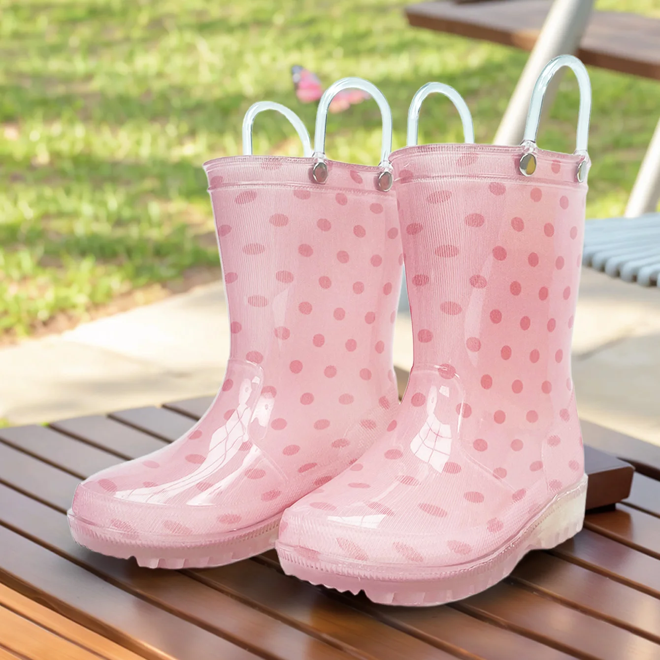 

Детские резиновые сапоги, розовые с узором в горошек, с ручкой, водонепроницаемые, нескользящие, для малышей и маленьких девочек