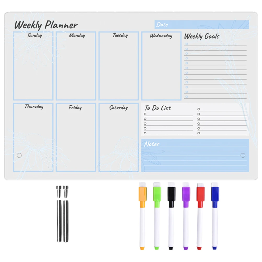 

Acrylic Desktop Weekly Planner Dry Erase Board Transparent Memo Note Display 2x7cm Pins 6xMarkers Reusable Clean Office Student