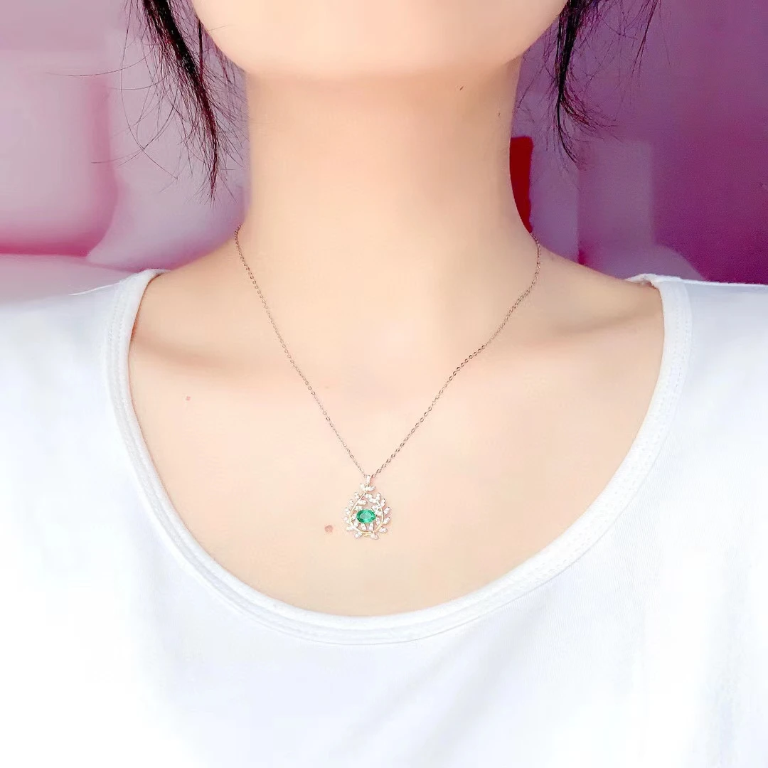 Natural Emerald Gemstone Olive Branch Pendant Necklace Real 925 Pure Silver Green Stone Fine Wedding Jewelry for Women