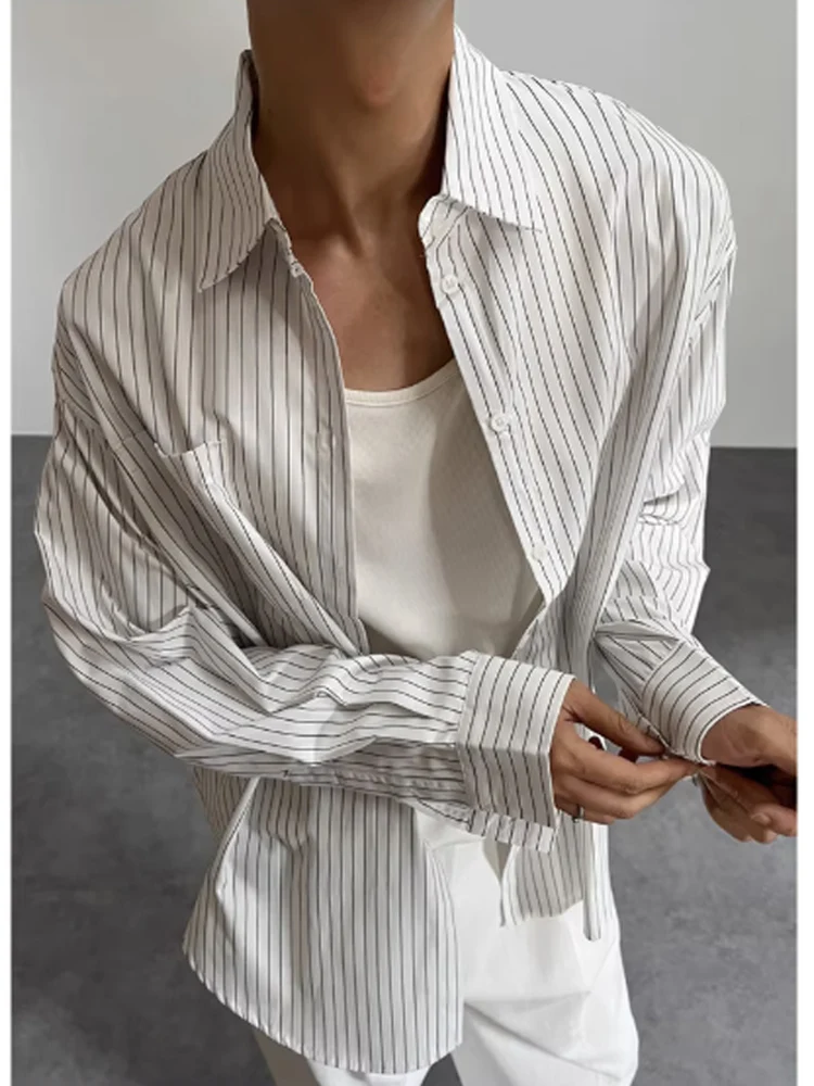 

Мужская повседневная рубашка Laid-ba с длинным рукавом в полоску, свободного кроя, универсальная, простая, для многослойных образов, из полиэстера, весенняя, на пуговицах