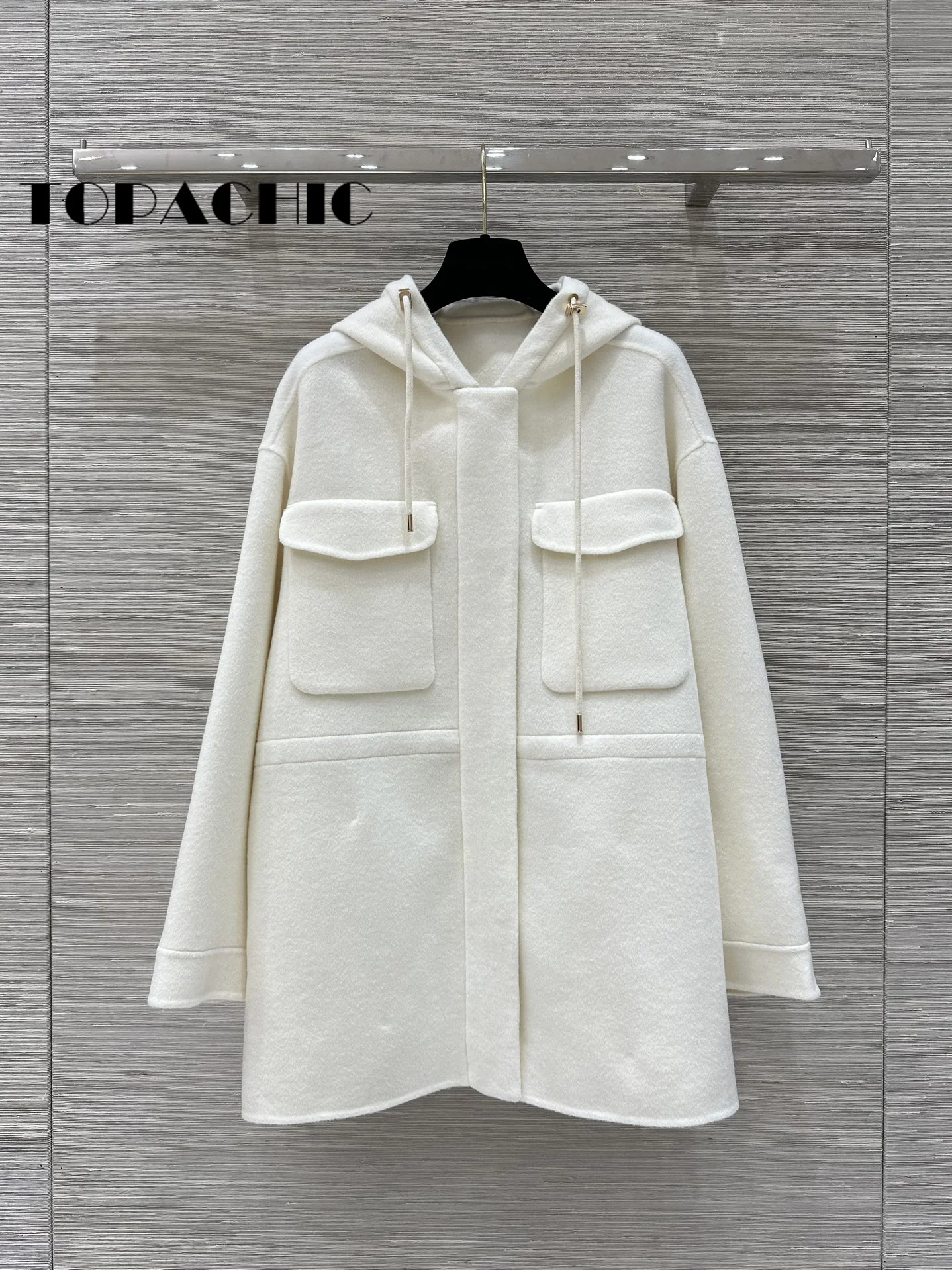 10.12 TOPACHIC-Women\'s High Quality Hooded Fashion Double-Sided Wool Coat Drawstring Collect Waist Big Pocket Zipper Outerwear