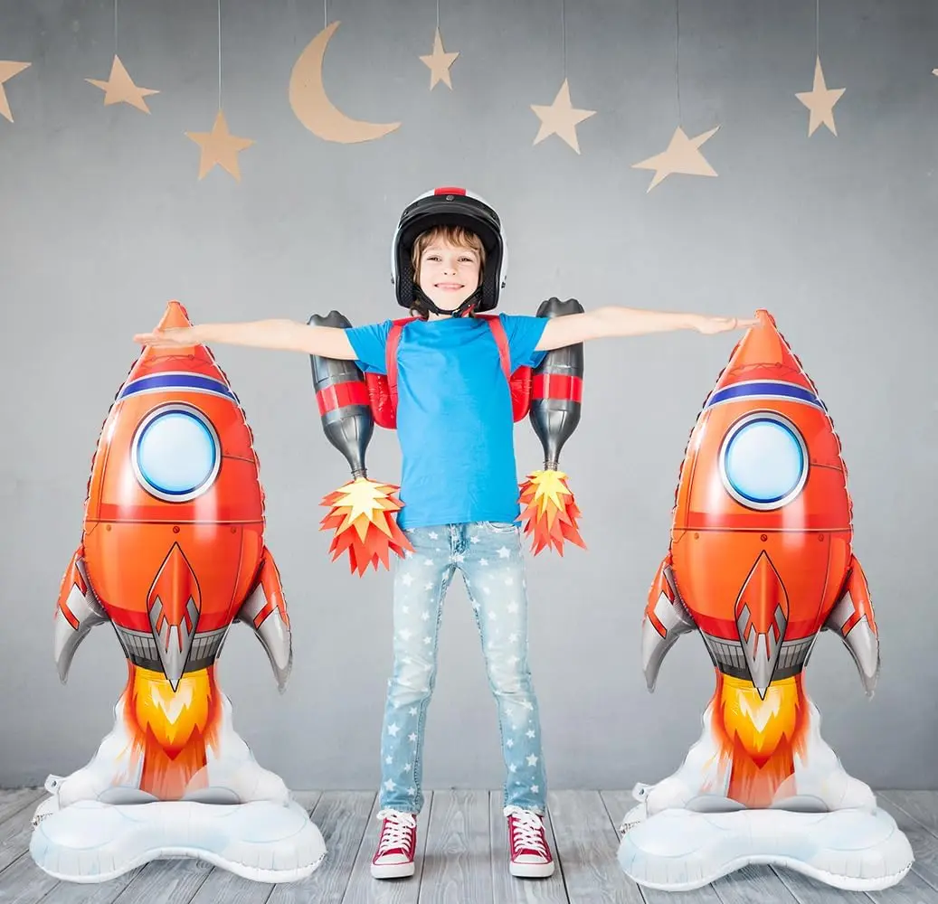 

2Pack 4D Standing Inflatable Astronaut Rocket Balloons Space Party Decor Outer Space Galaxy Planet Theme Birthday Party Supplies