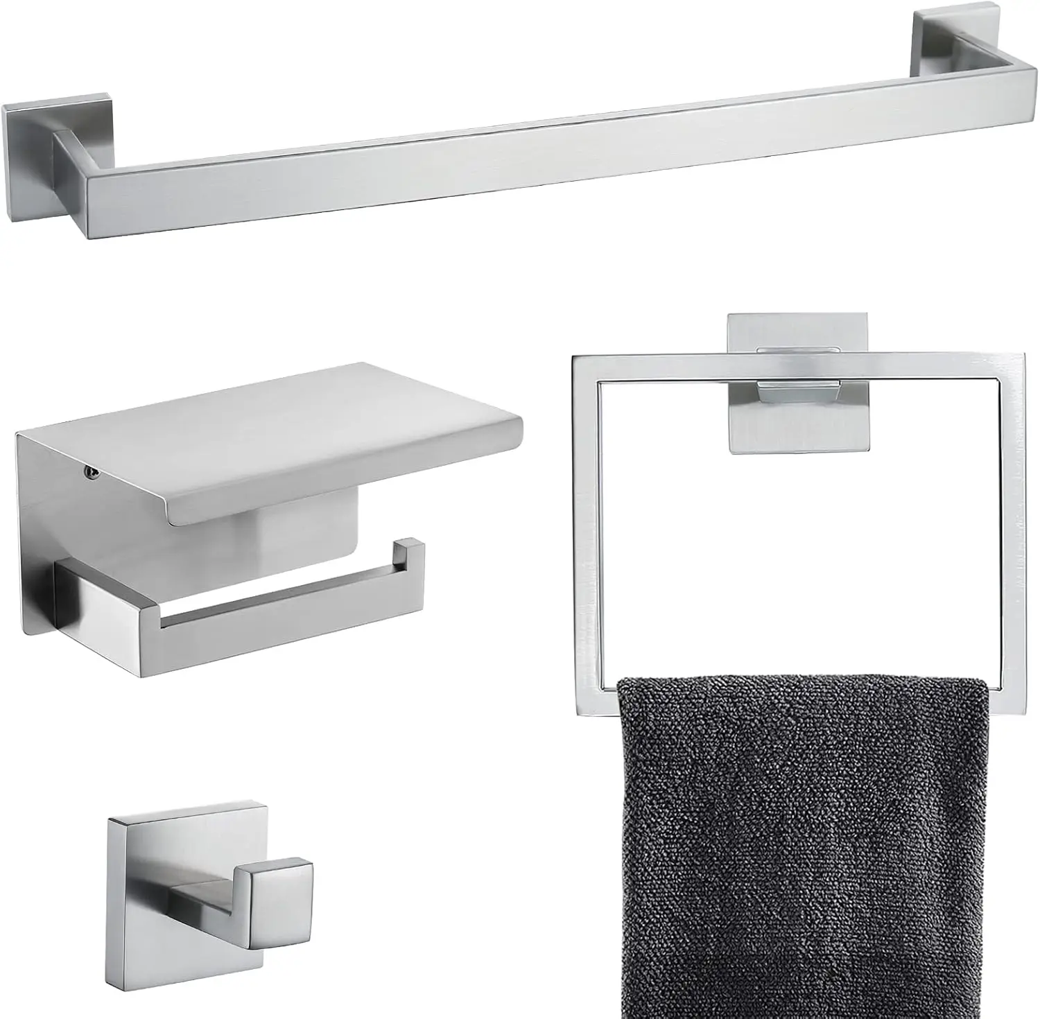 

Brushed 4-Piece Bathroom Hardware Set Premium Stainless Steel Bath Towel Bar Sets Wall Mounted Bathroom Toilet Paper Holder