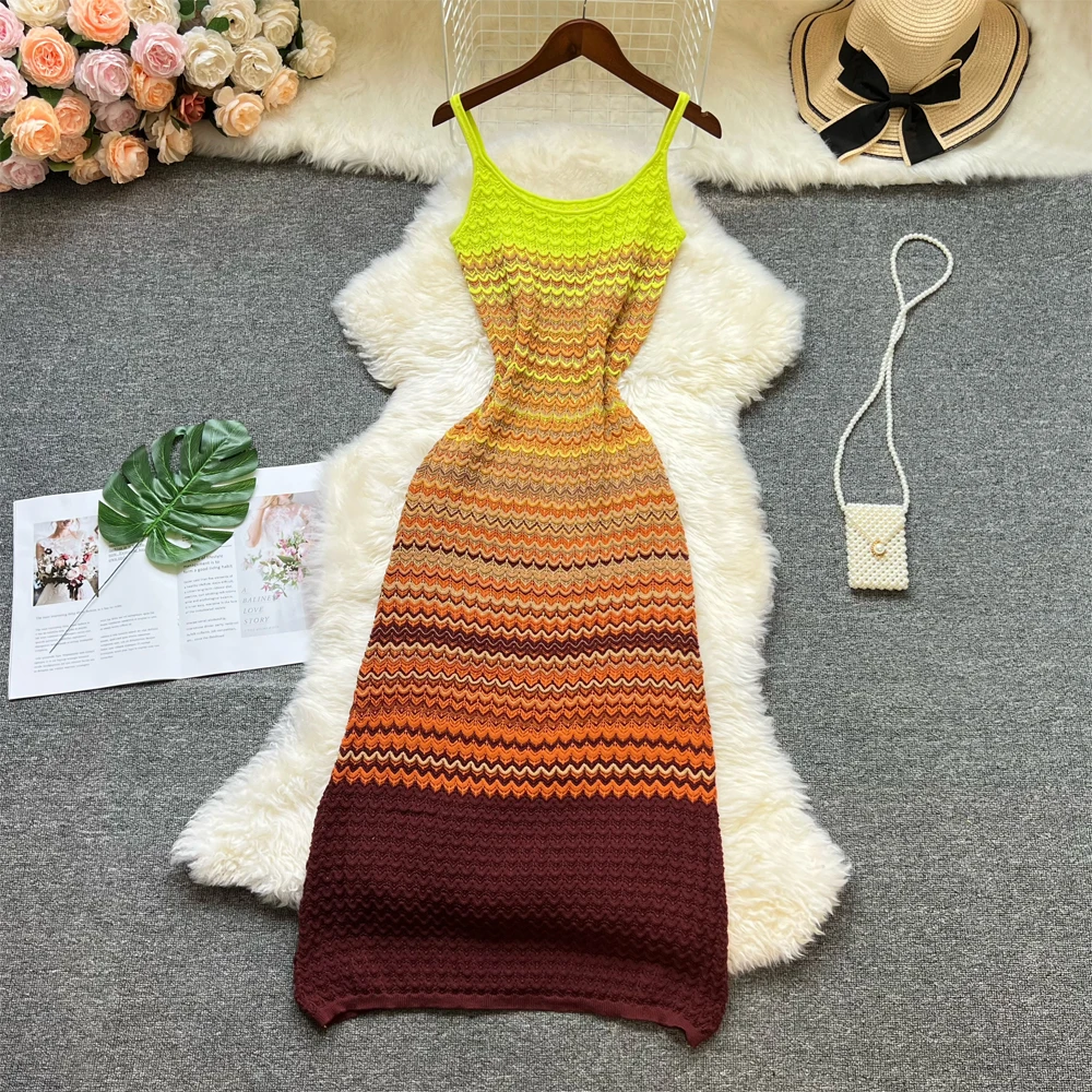 YuooMuoo Mode Urlaub Stil Gradienten Strand Gestrickte Maxi Kleid Sommer Sexy Paket Hüften Bodycon Party Kleid Streetwear Outfit