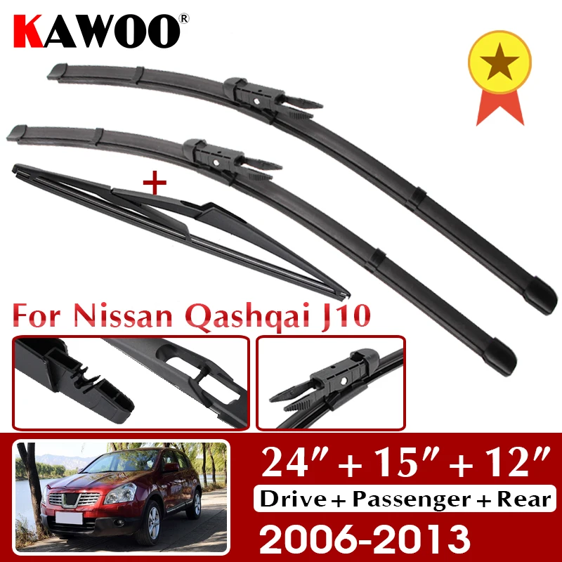 

KAWOO Wiper Front Rear Wiper Blades Set 24"+15"+12" For Nissan Qashqai J10 2006 2007-2011 2012 2013 Windshield Windscreen Window