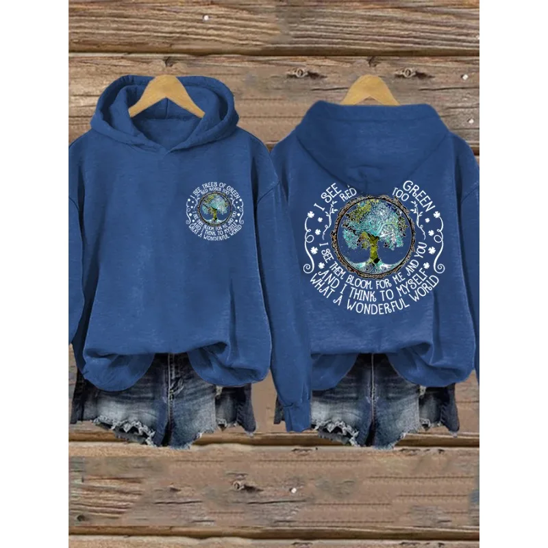 ilstile Women's Hippie Print Sports Hoodies Autumn Winter Outdoor Long Sleeve Casual Loose Round Neck Hooded Hoodies Hot Sale