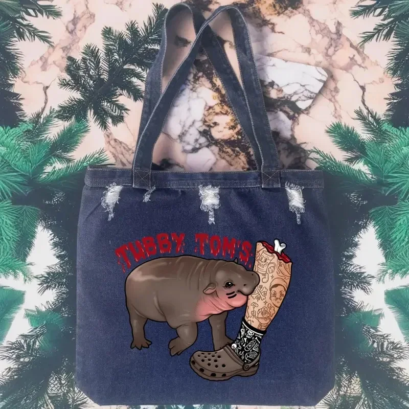 Lindo Moo Deng cerdo hinchable mujeres Jeans bolso de hombro de gran capacidad Denim bolso de compras correa de viaje bolso de viaje femenino