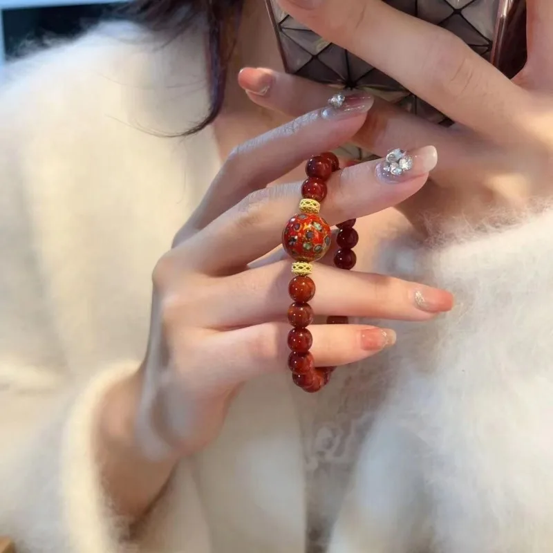 Genuine Chinese Style Red Lacquer Cinnabar Bracelet Luxury Collectible Unisex Jewelry for Daily Wear Protective Talisman Gift