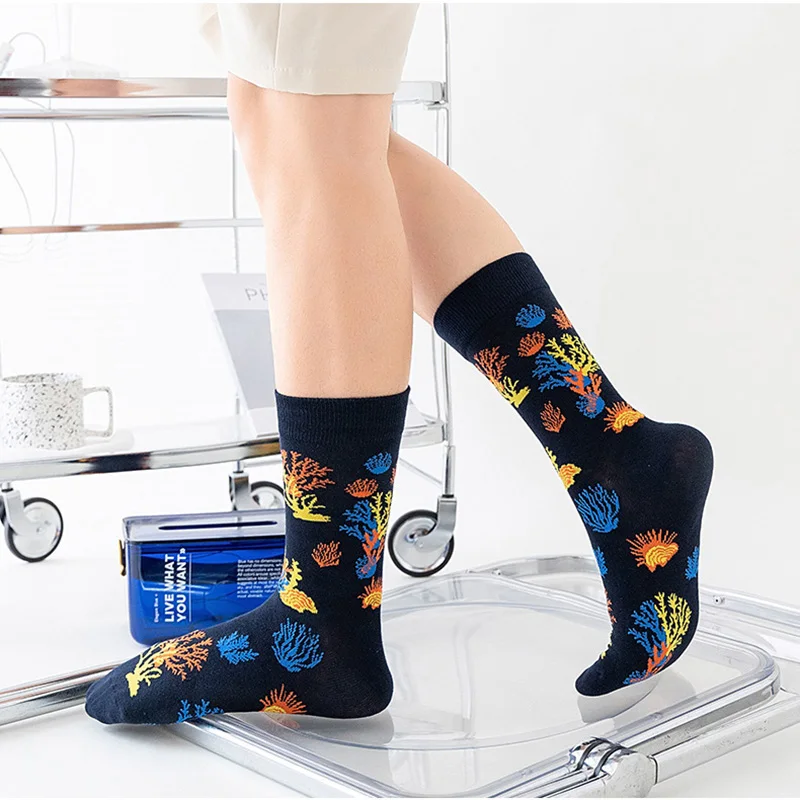 168 Style Men Funny Socks Cotton Space Oil Paintings Grid Geometry Fruit Series Cartoon Couple Street Fashion Socks