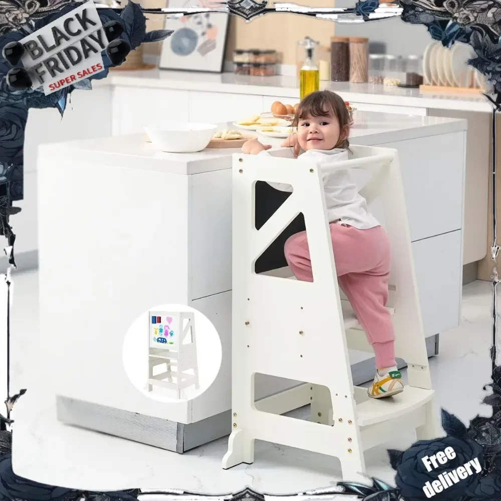 

Toddler Kitchen Stool Helper - Toddler Tower with Message Boards & Safty Rail Adjustable Height Kids Kitchen Step Stool