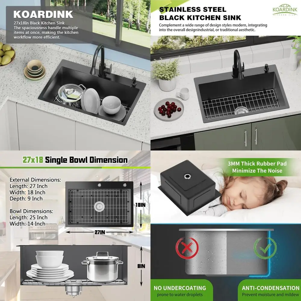 

Кухонная мойка из нержавеющей стали 27x18 дюймов, встраиваемая, с одной чашей, решеткой, подставкой для ложки и набором сливных фильтров для различных стилей