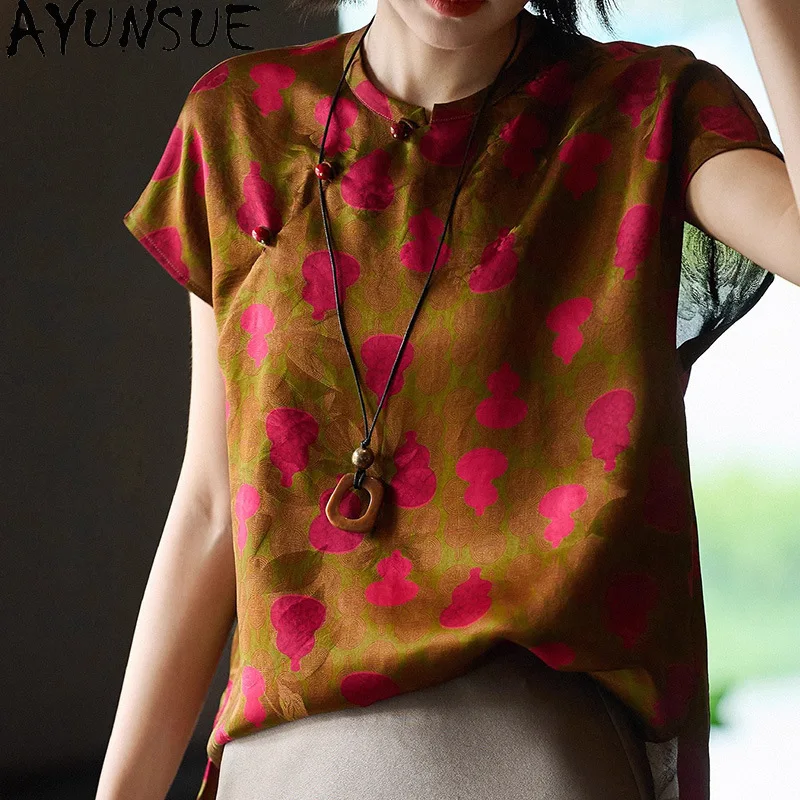 

Женские футболки AYUNSUE Xiangyunsha из жаккардового атласа, новые женские топы в китайском стиле с короткими рукавами, повседневная стильная женская одежда