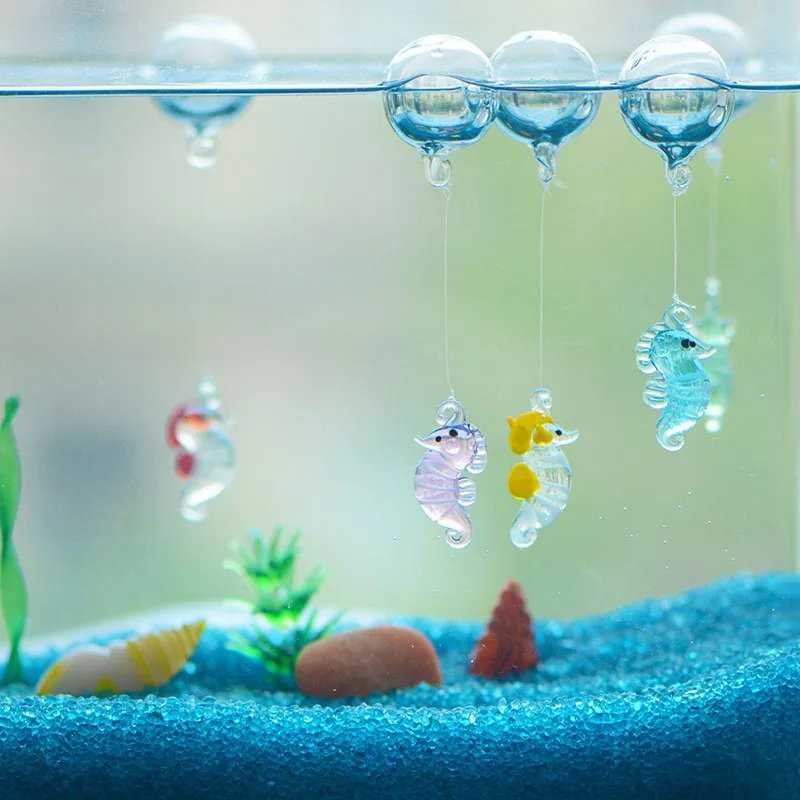 Camal 1PCS Floating Glass Bubble Ball With Luminous 28mm Seahorse Mini Figurine Pendant Aquarium Fish Tank Landscaping Decor