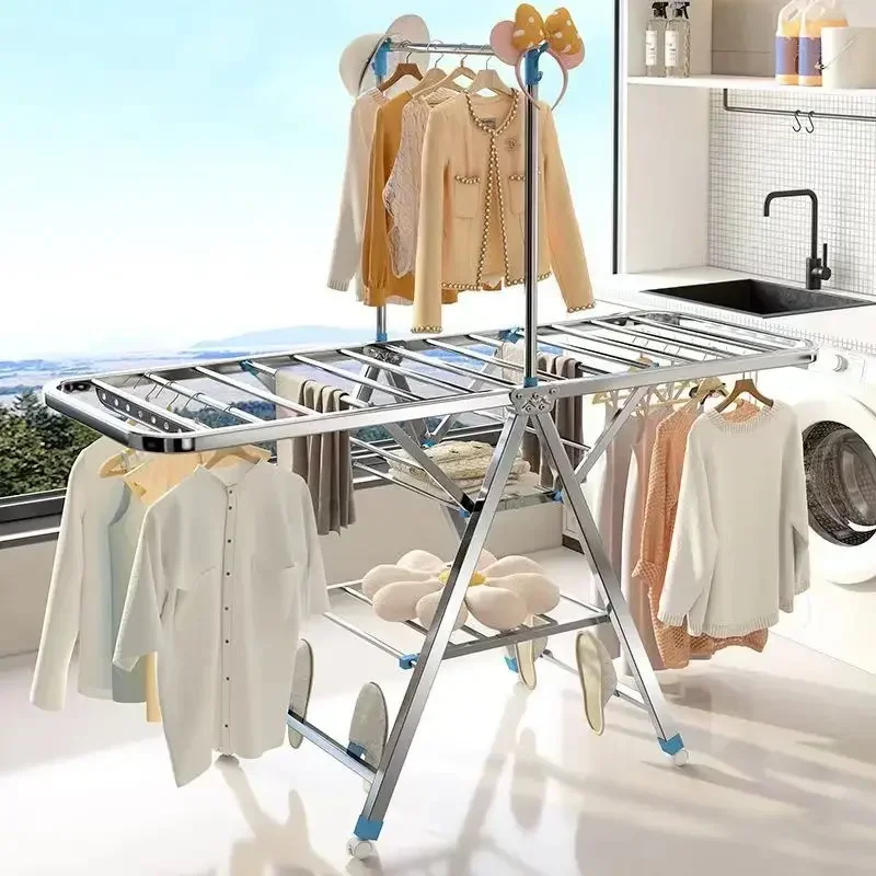 Folding Clothes Drying Rack, Large Capacity Laundry Drying Rack, Adjustable Stainless Steel Clothes Rack Movable Laundry Dryer