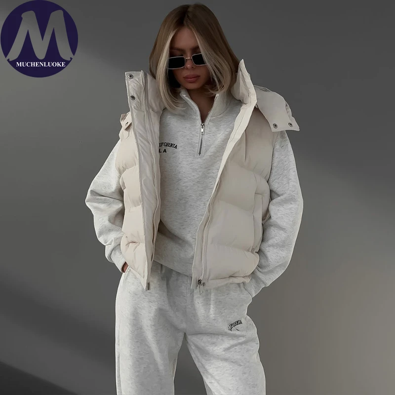 

Женские зимние пуховики, новый элегантный капюшон без рукавов, универсальный пуховый жилет, модные повседневные свободные утолщенные теплые пальто