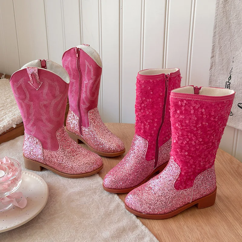 Kids Girls Fashion Pink Glitter Western Cowboy Boots Embroidered Design Side Zipper Non-slip Sole for Dress-up & Casual Wear