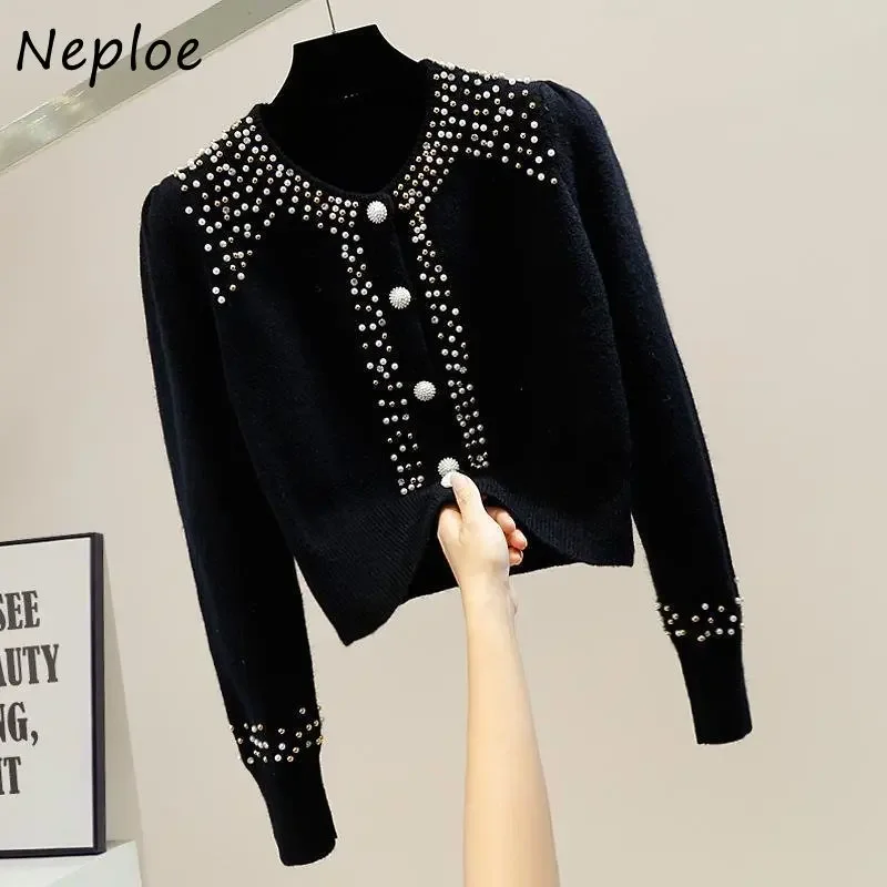 Neploe O Neck Beading Diamonds Outerwear Autumn  Solid Color Long Sleeve Single-breasted Sweater Y2k Clothes Cardigan Women