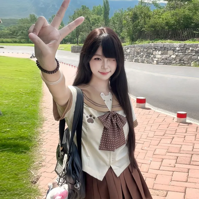 Abito da marinaio giapponese per asilo, carino e morbido, per ragazza JK, uniforme, modello orso, gioco di ruolo marrone