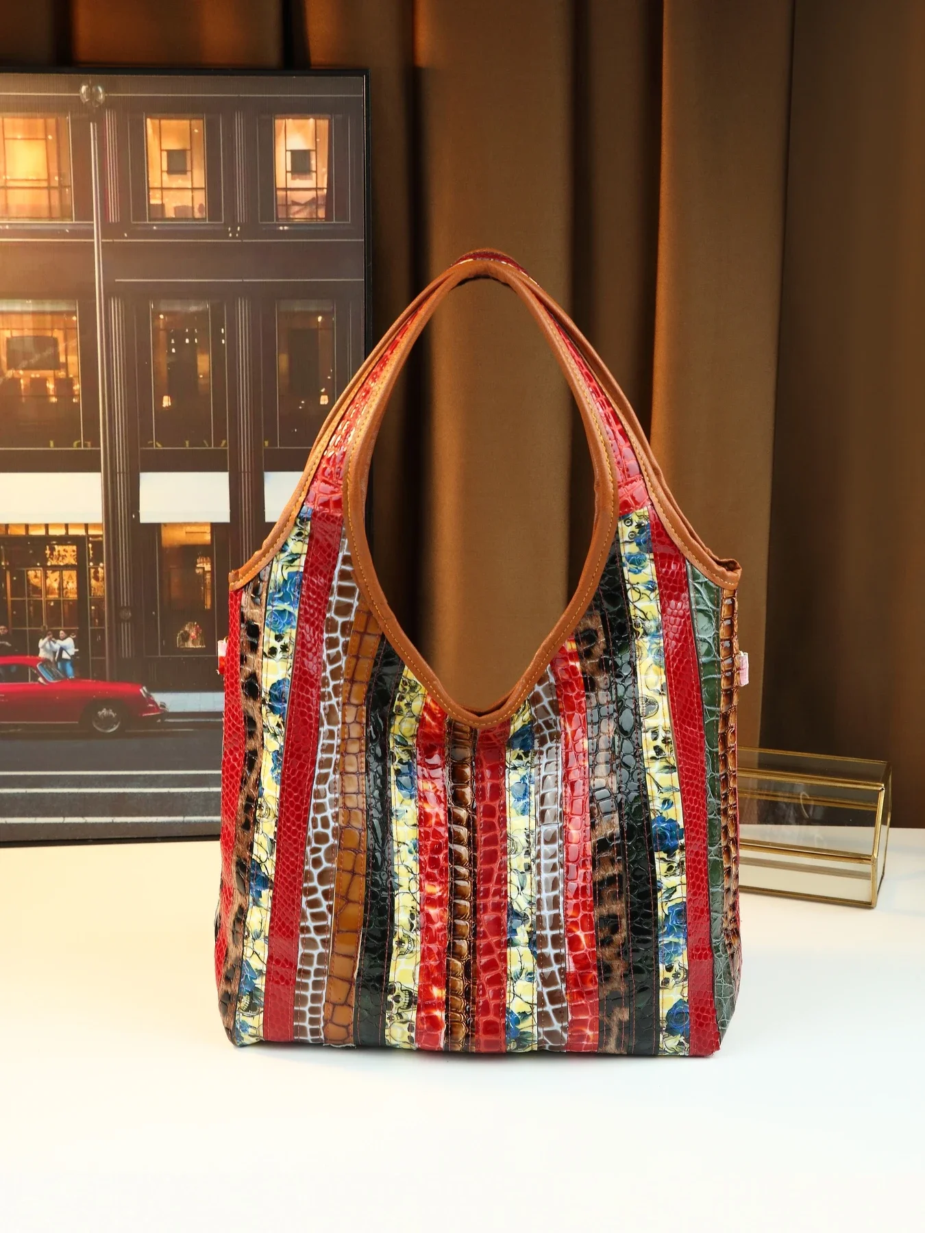 

2025 new large-capacity leather tote bag trendy retro splicing shoulder bucket bag