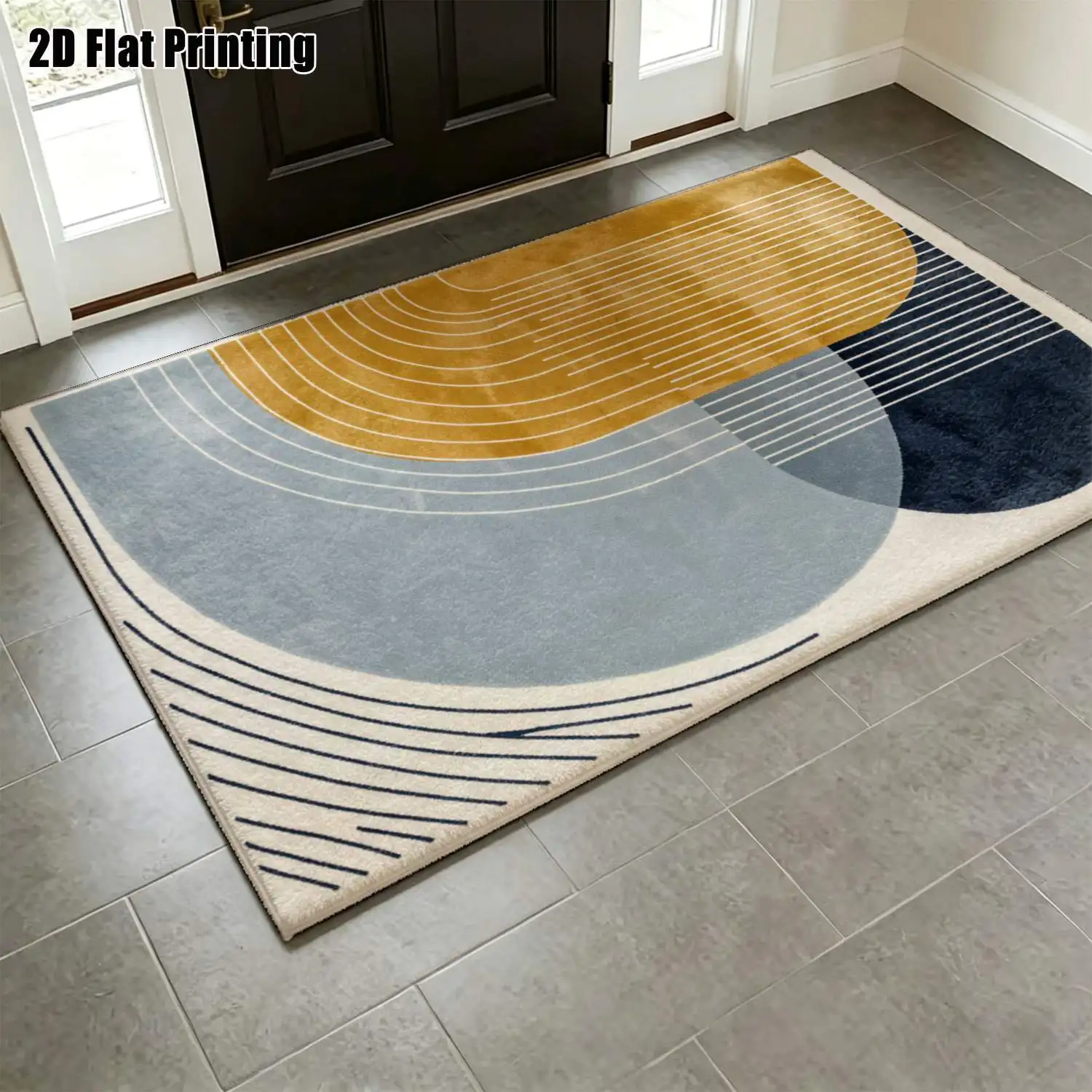 1Pc 2D Printed Carpet: Yellow-Blue Geometric Line Patterns, Nordic/Instagram Modern Minimalist Style, Home Decor Floor Mat, Multi-Size, Machine Washable, for Entrance, Dining, Foyer, Bedroom, Living Room