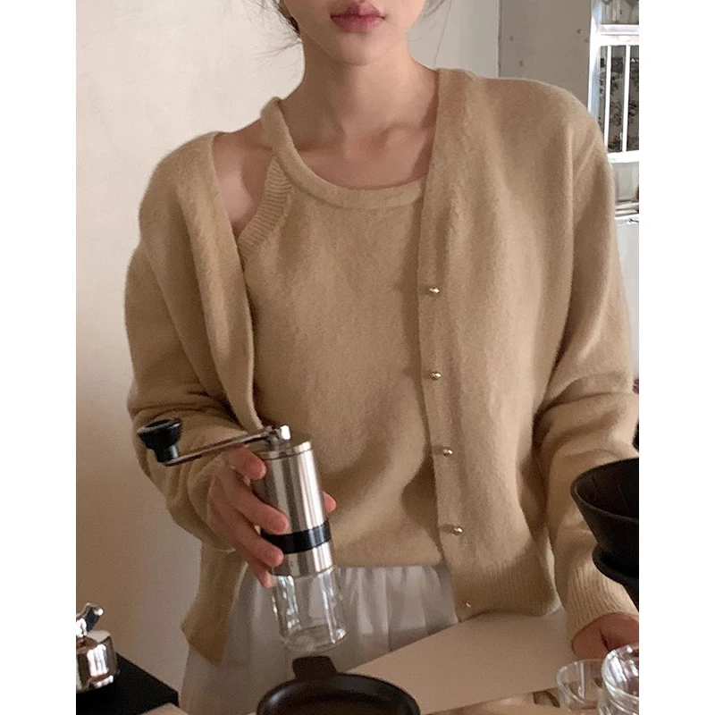 Gagarich Korean Chic Autumn French Hanging Neck Knitted Vest Suspender+single Breasted Long Sleeved Sweater Jacket Women