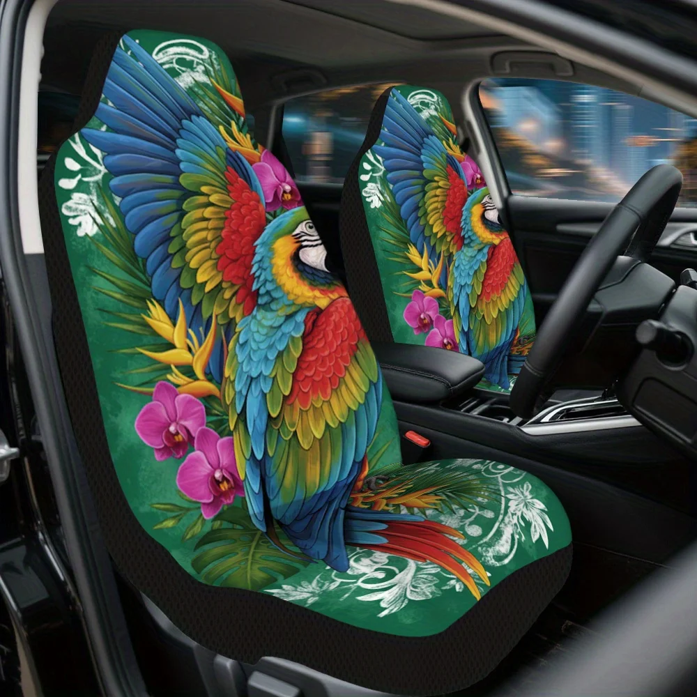 2pcs Colorful Parrot With Flowers Print Car Seat Covers – Front Seat Protectors For Cars, SUVs & Sedans, Durable Design, Easy I