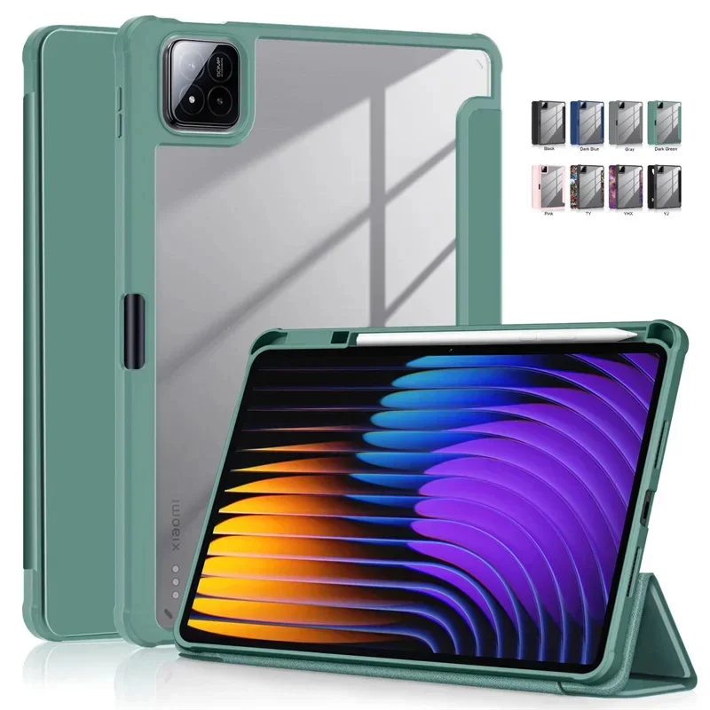 حافظة لهاتف Xiaomi Pad 7 مع حامل قلم رصاص ثلاثي الطي أكريليك صلب شفاف خلفي غطاء ذكي لهاتف Funda Xiaomi Pad 7 11.2 بوصة