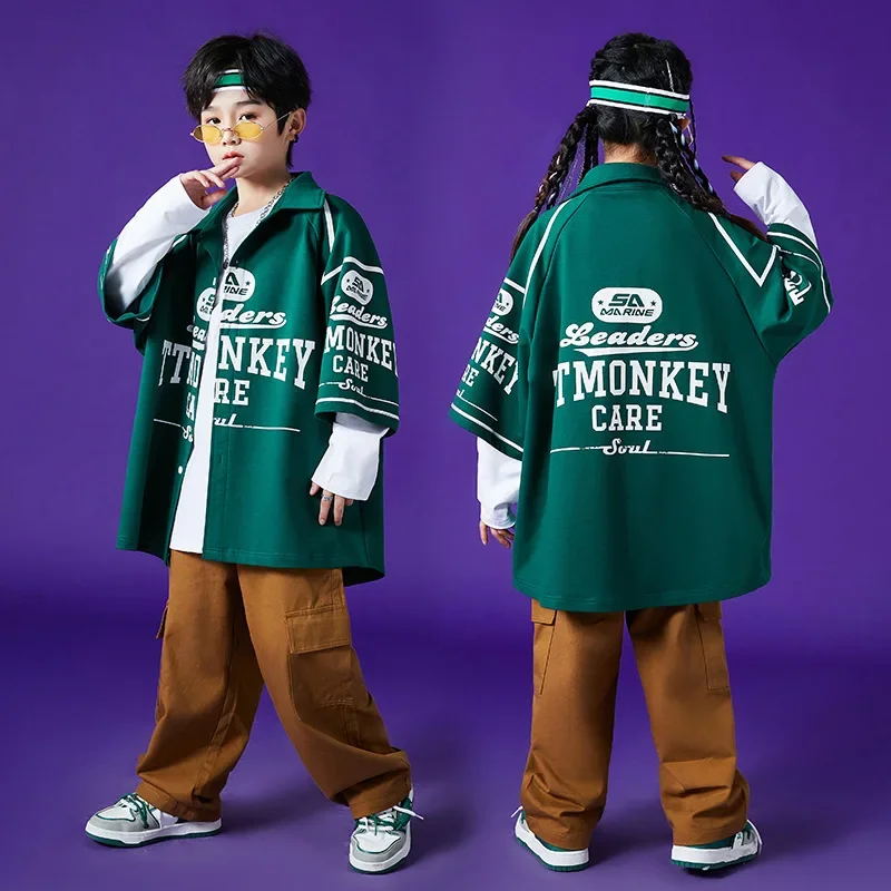 

Детская одежда в стиле хип-хоп, зеленая рубашка с короткими рукавами, коричневые повседневные брюки для девочек и мальчиков, танцевальный костюм, одежда