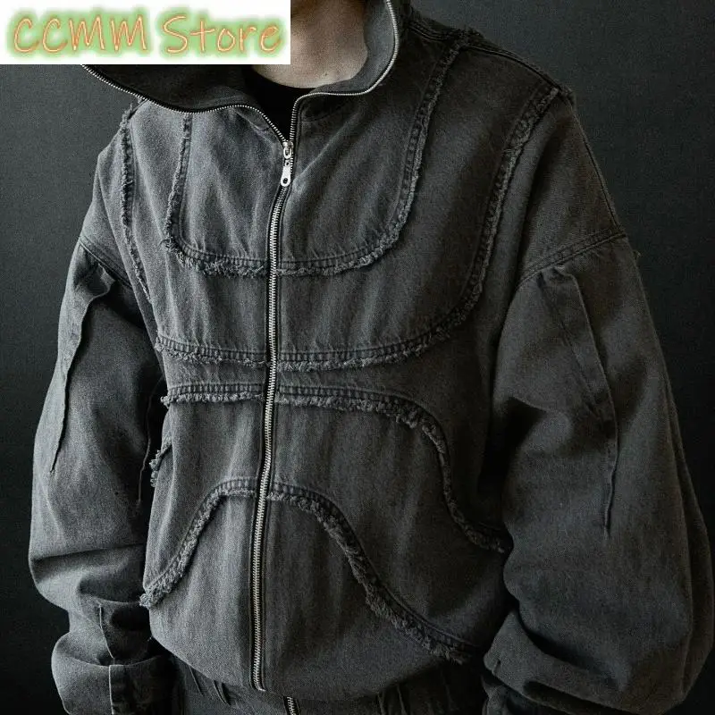 New Denim Jacket American Splicing Style Gothic Vintage Trend Unisex Streetwear Punk High Street Oversized Leisure Zip Up Hoodie
