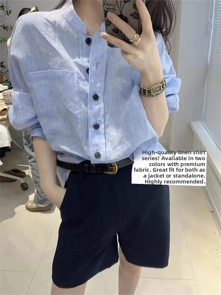 Blusa de Lino Entallada Azul con Cuello Csero, Estilo Premium para Mujer, Otoño, Primavera, Cálida, Manga Larga, Moda Coreana