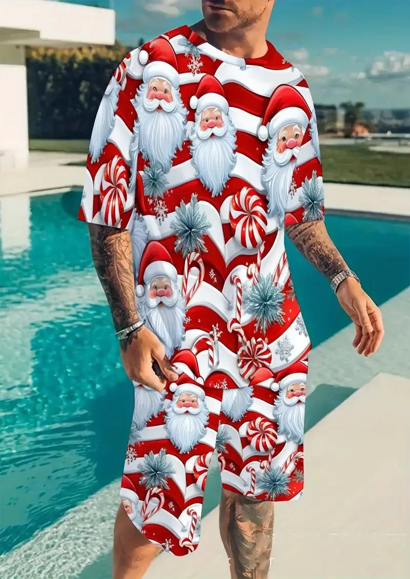 

Santa Claus pattern 3D printed T-shirt shorts 2-piece set fashion casual round neck daily outdoor sports fitness running men set