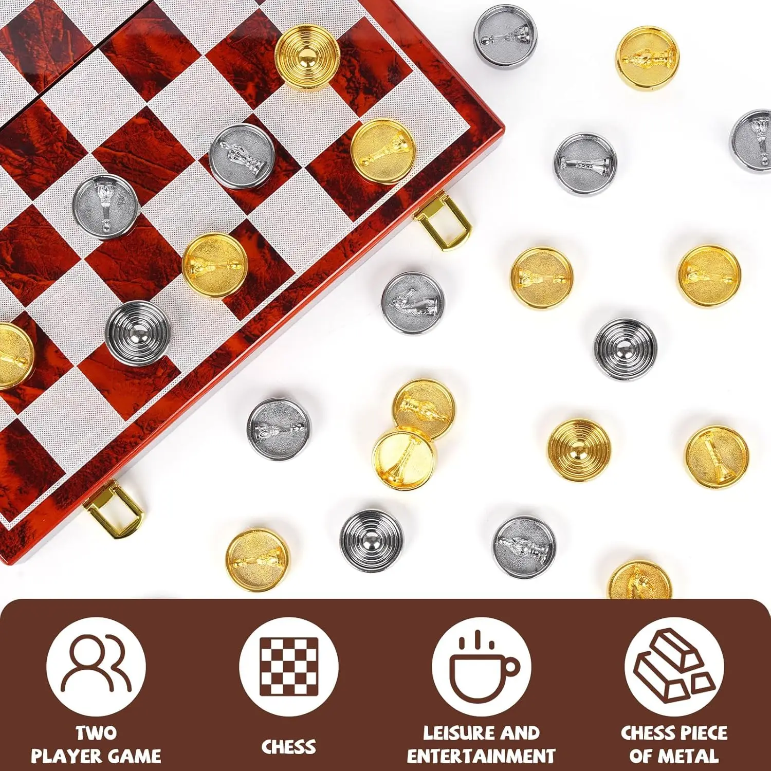 Jeu d'échecs et de dames en métal 2 en 1 – Planche en bois pliable, jeu de voyage portable pour adultes et enfants