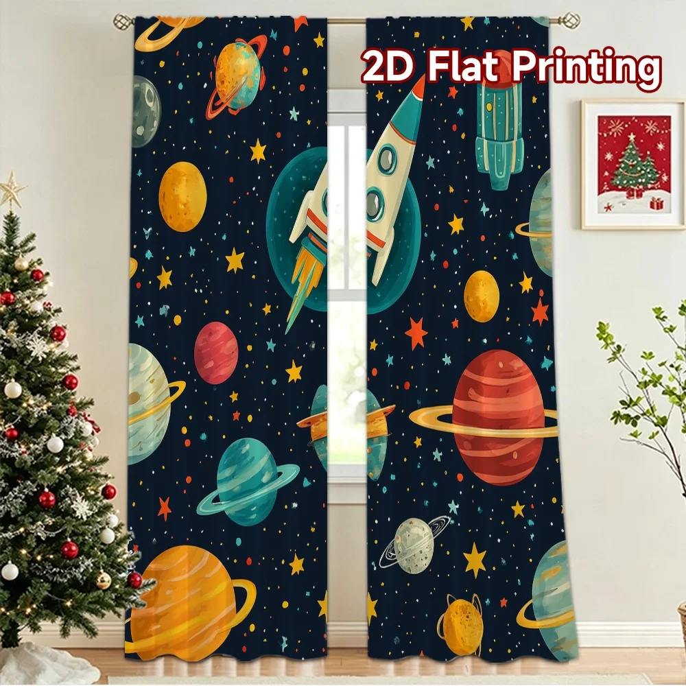 2D flat 2pcs Curtain Vintage drapes and curtains Rocket and Planets Digitally printed polyester, colorfast Festive Wall Decor