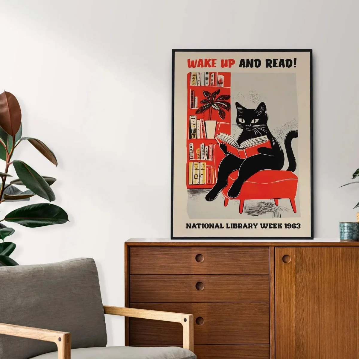 Whimsical Cat Reading Canvas Print Poster Wake Up and Read Funny Animal Art Print Living Room Bedroom Wall Art Home Decor Poster