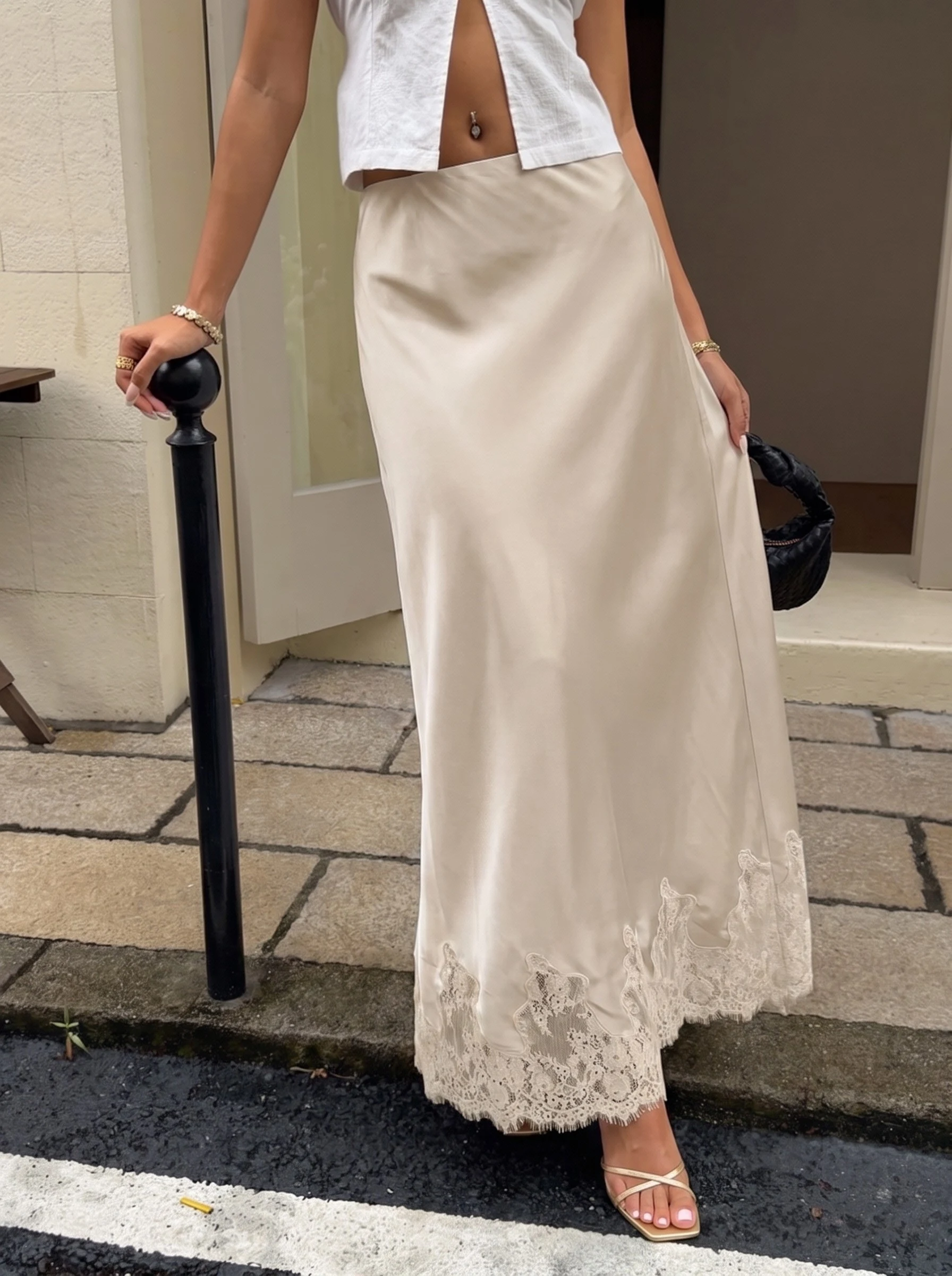 Women High Waist Lace Hem A Line Long Skirt Elegant Casual Vacation Streetwear Ladies Flowy Bottoms