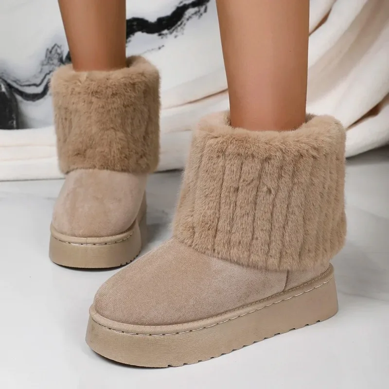 

Fashion Women Round Toe Warm Thickened Plush Winter Beige Mid-calf Boots Thick Sole Casual Comfortable Anti-slip Women Snow Boot