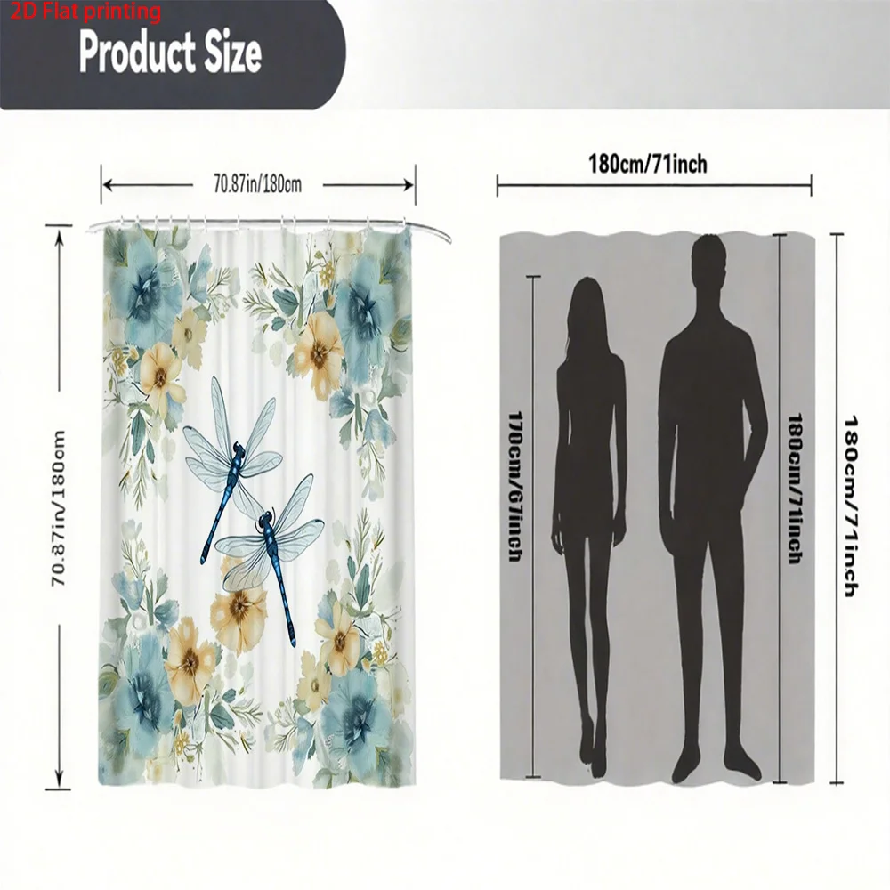 2D Flat, 2D Flat, 2D Flat Shower Curtain, 1pc Watercolor Floral Blue Dragonflies Shower Curtain with Hooks, Made of Polyester Ma