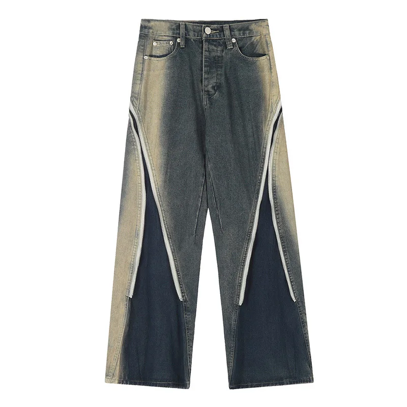 

Hi Street Zipper Patchwork Vintage Jeans Pants Men Hip Hop Baggy Streetwear Denim Trousers Blue