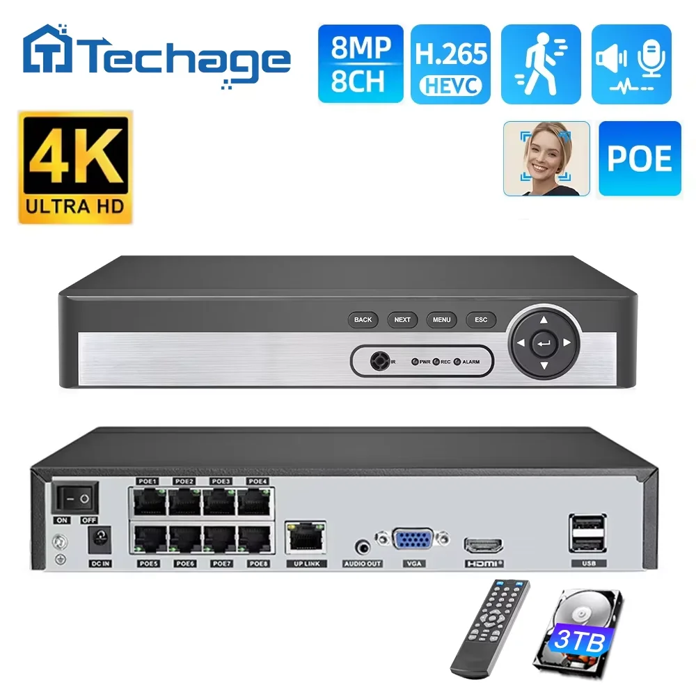 Techage 8CH 4K PoE NVR 8MP 5MP 4MP H.265 Network Video Recorder Two-Way Audio for Surveillance System Security Camera ONVIF