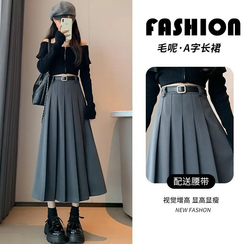 Semi Rok Vrouwen Herfst Winter Verdikte Hoge Taille Slanke Wollen Plooirok Riem Stijl Plus Size Veelzijdige Vintage Midi Rok