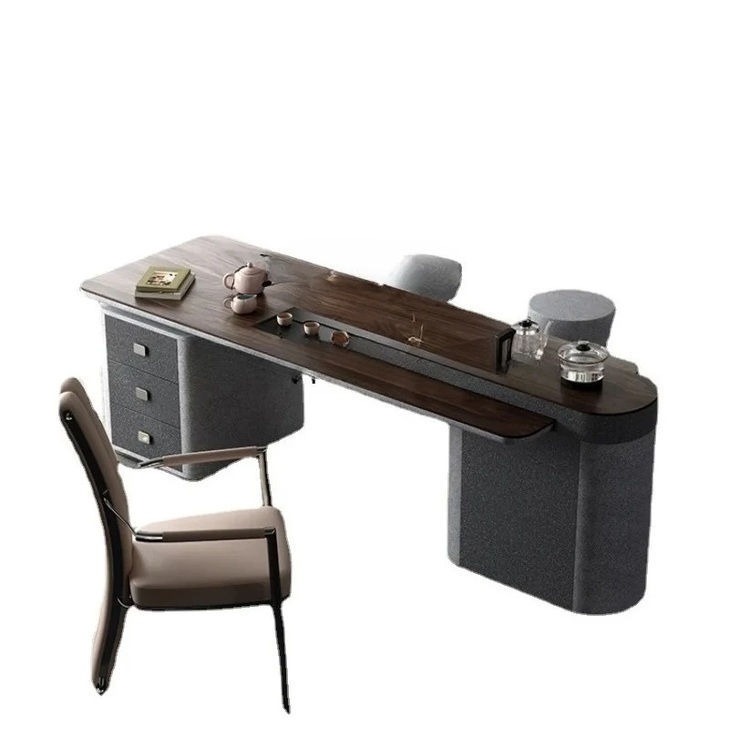 Light Luxury Walnut Wood Grain Office Tea Table and Chair Combination Villa Large Board Kung Fu Tea Table
