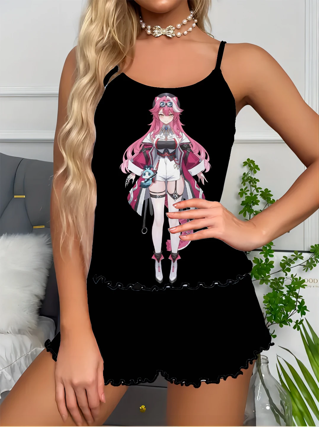 

Hatsune Miku anime girls cartoon print cute sweet casual comfortable women's suspender suit silky satin home clothes