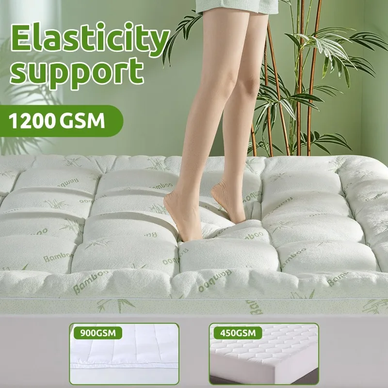 Cooling Bamboo_ Queen Mattress Topper, Extra Thick 1200 GSM Down Alternative Fill Washable, Soft Mattress pad for Back Pain